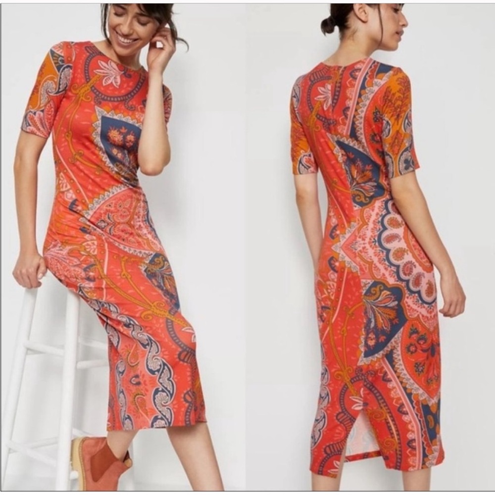 Farm Rio for Anthropologie Orange and Navy Giannina Sheath Dress -Sz Small